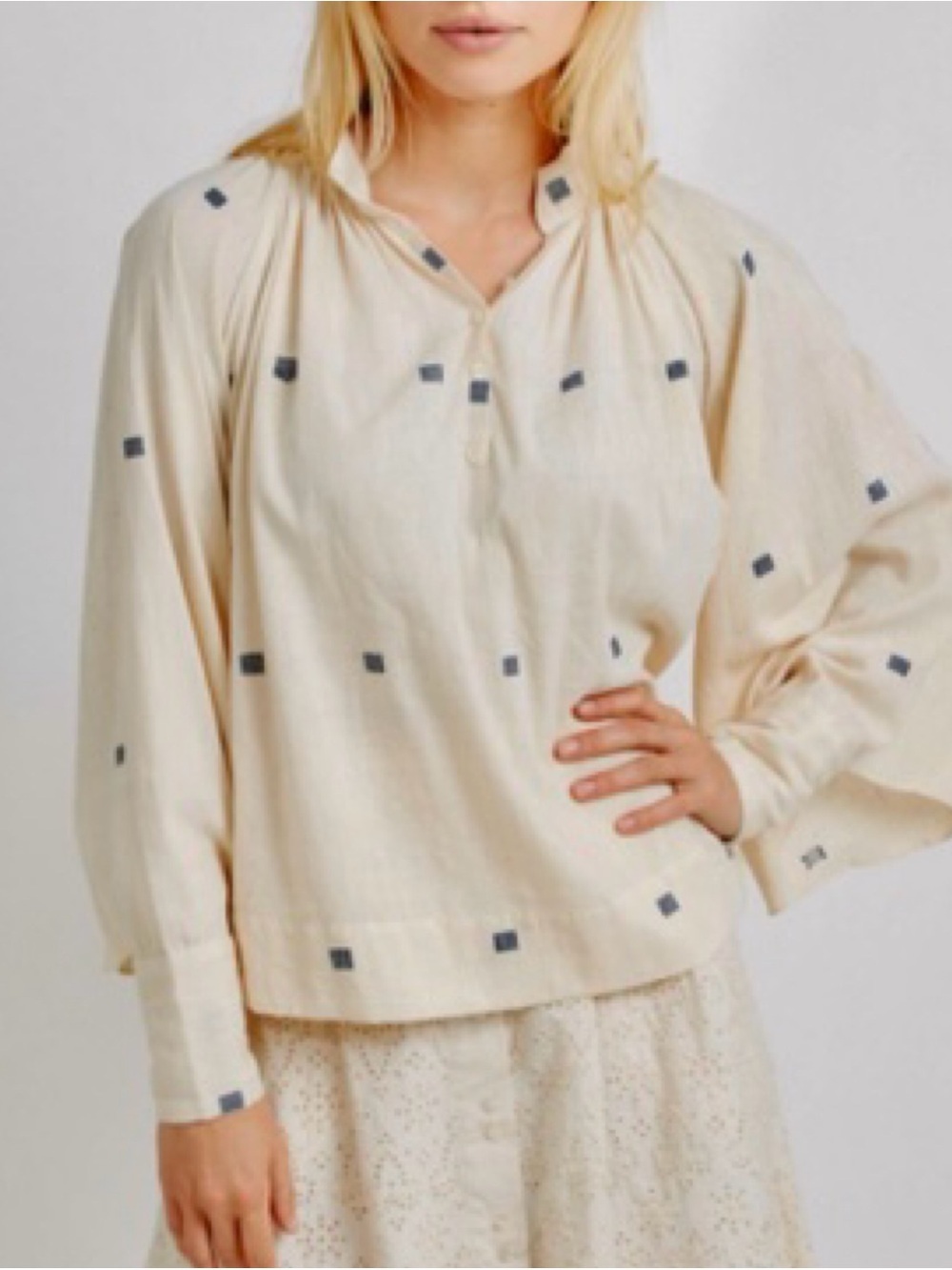 MIRTH Handmade Faro Embroidered Ivory Pleated Peasant Blouse Top XS
